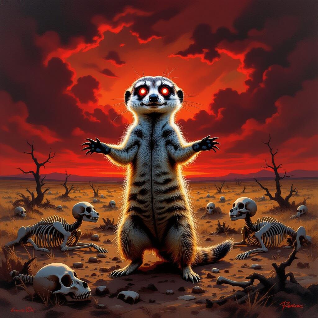 Robotic Meerkat Dances in Grim Field, Dark Fantasy Oil Paint...