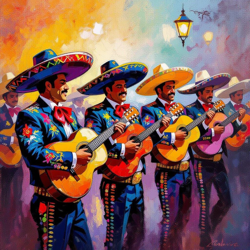 Vibrant Mariachi Band in Expressive Impasto Style