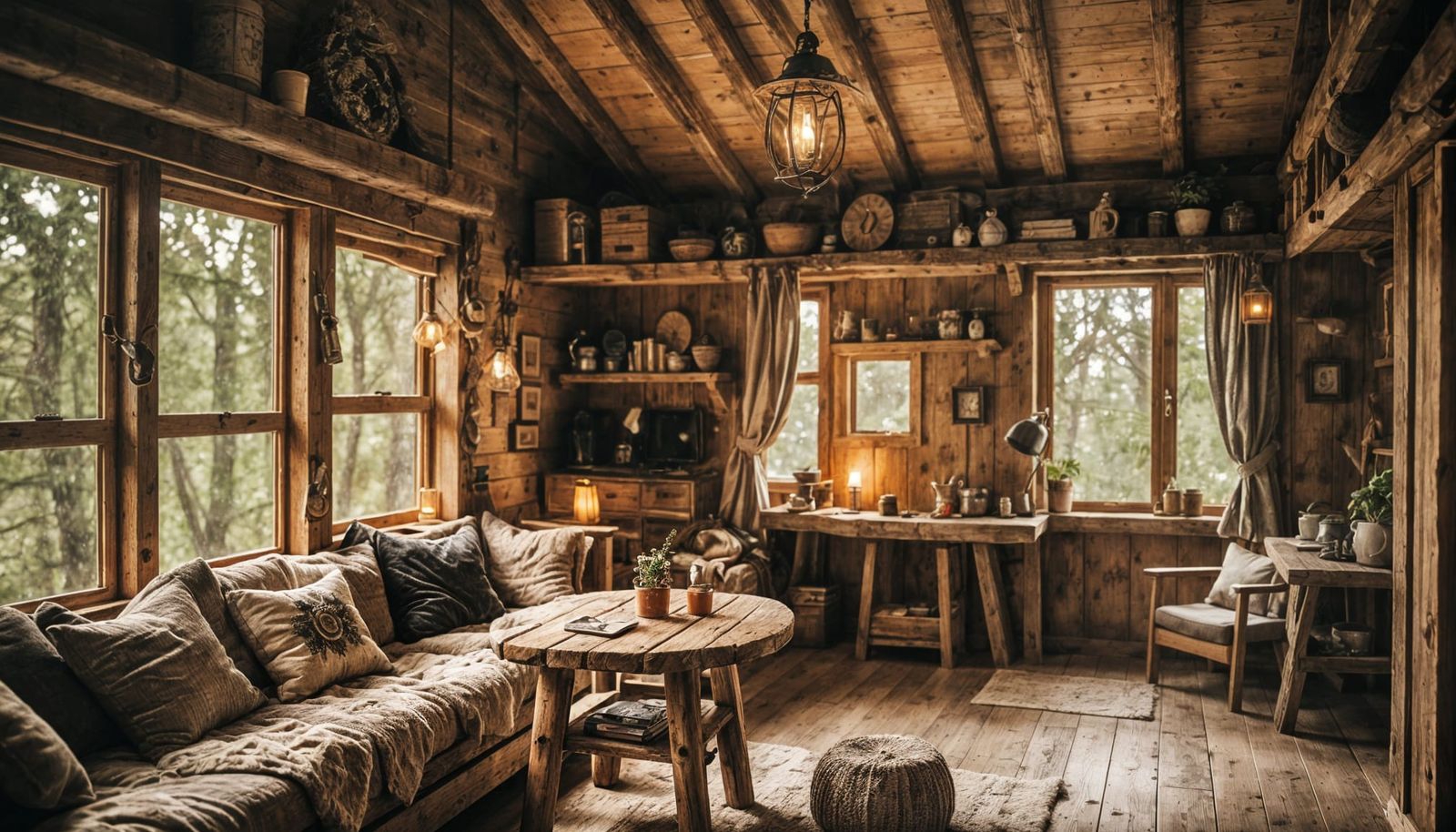 Snug Treehouse Interior with Warm Lighting