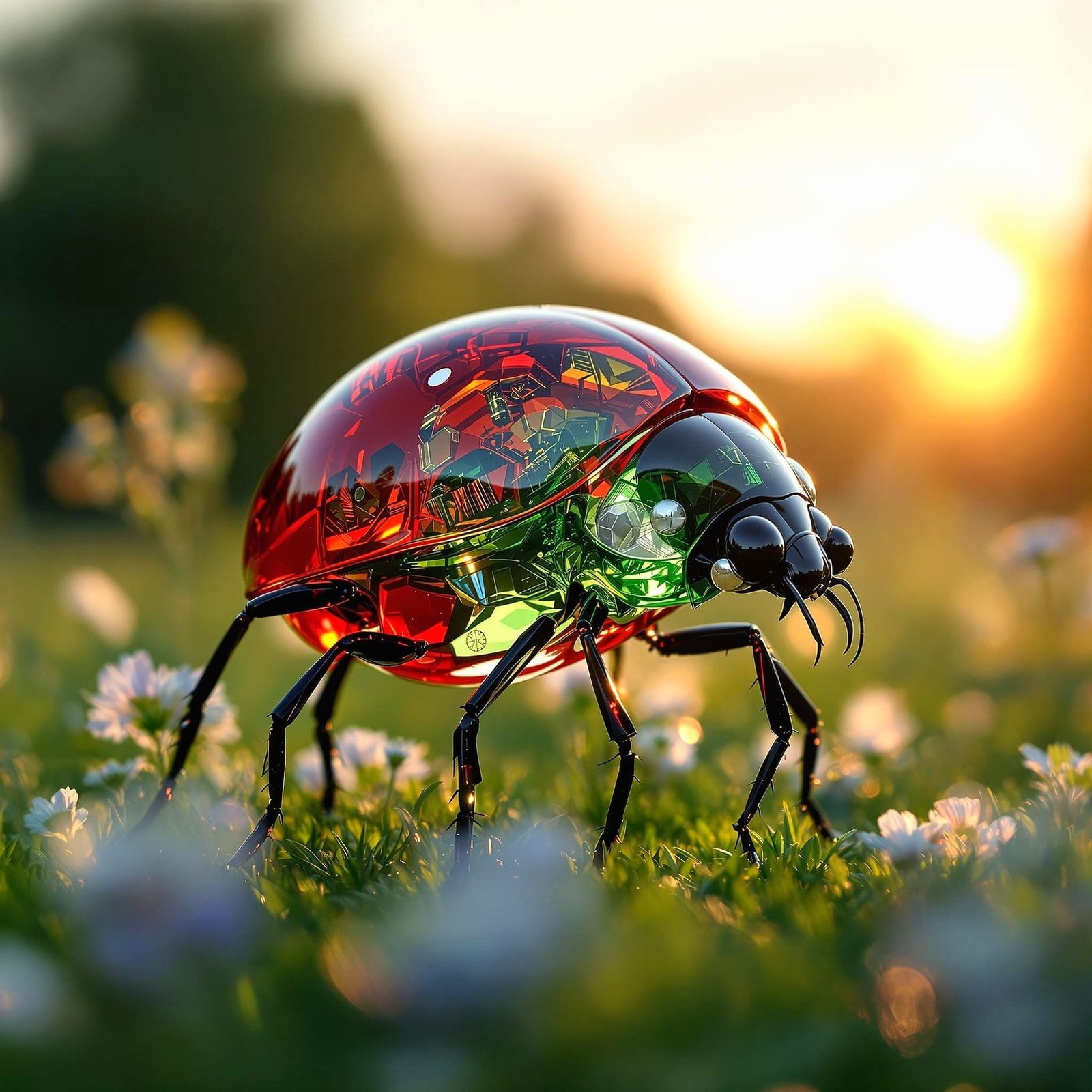Glass Ladybug Shines in Summer Field
