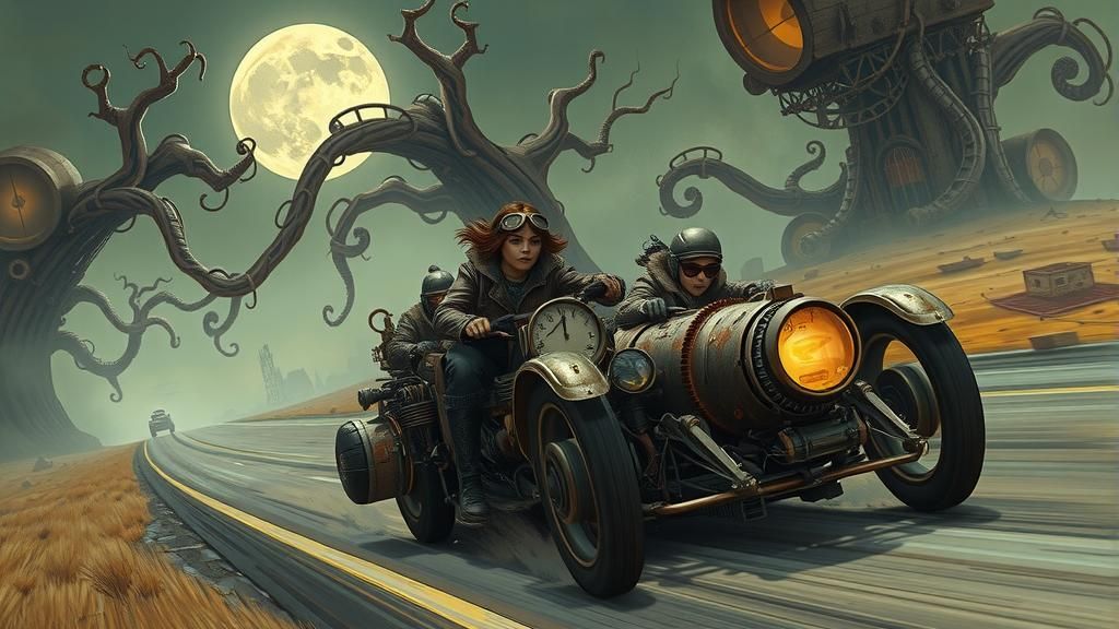 Dieselpunk Women Race Steam Cars on Moonlit Road
