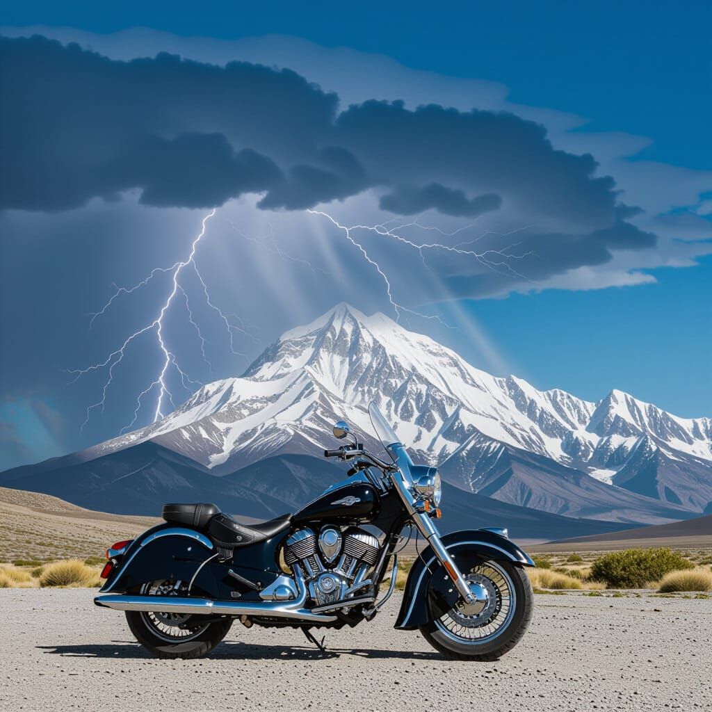 Majestic Mountain with Lightning and Motorcycle Shadow