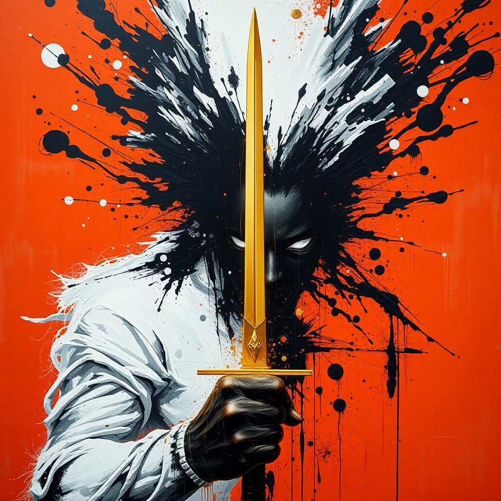 Dynamic Gouache Painting: Hero Plunging Sword Through Darkne...