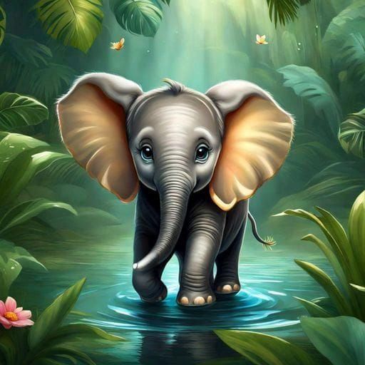 Adorable Chibi Elephant Calf in Jungle Pond