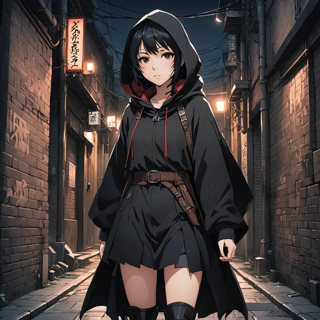 Anime Girl in Deserted Alleyway: Cel-Shaded Style