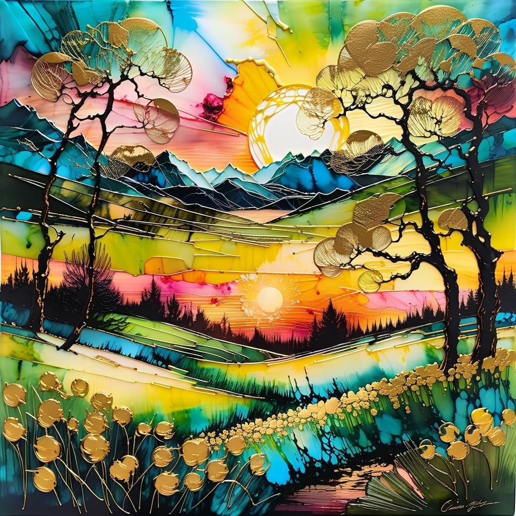 Encaustic Spring Landscape in Van Gogh Style