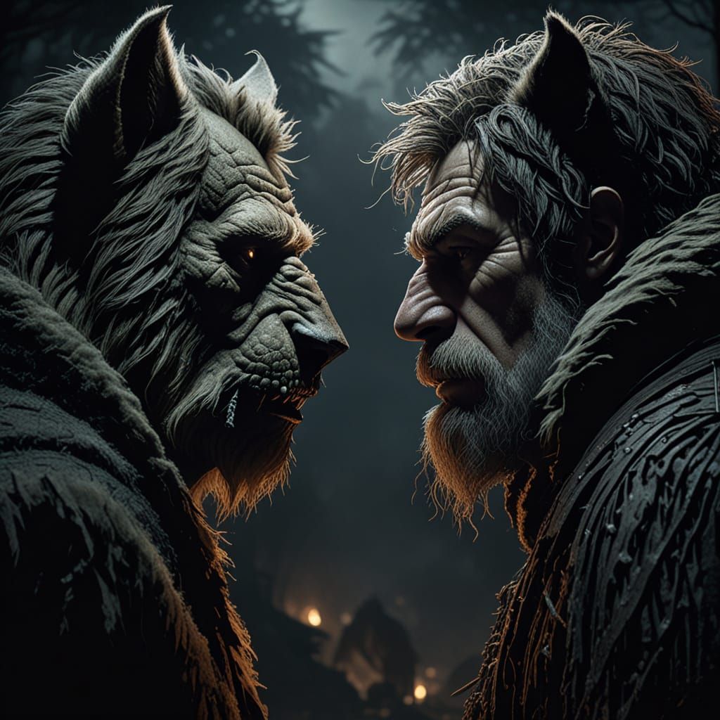 Eerie Anthropomorphic Confrontation in Dark Fantasy Style