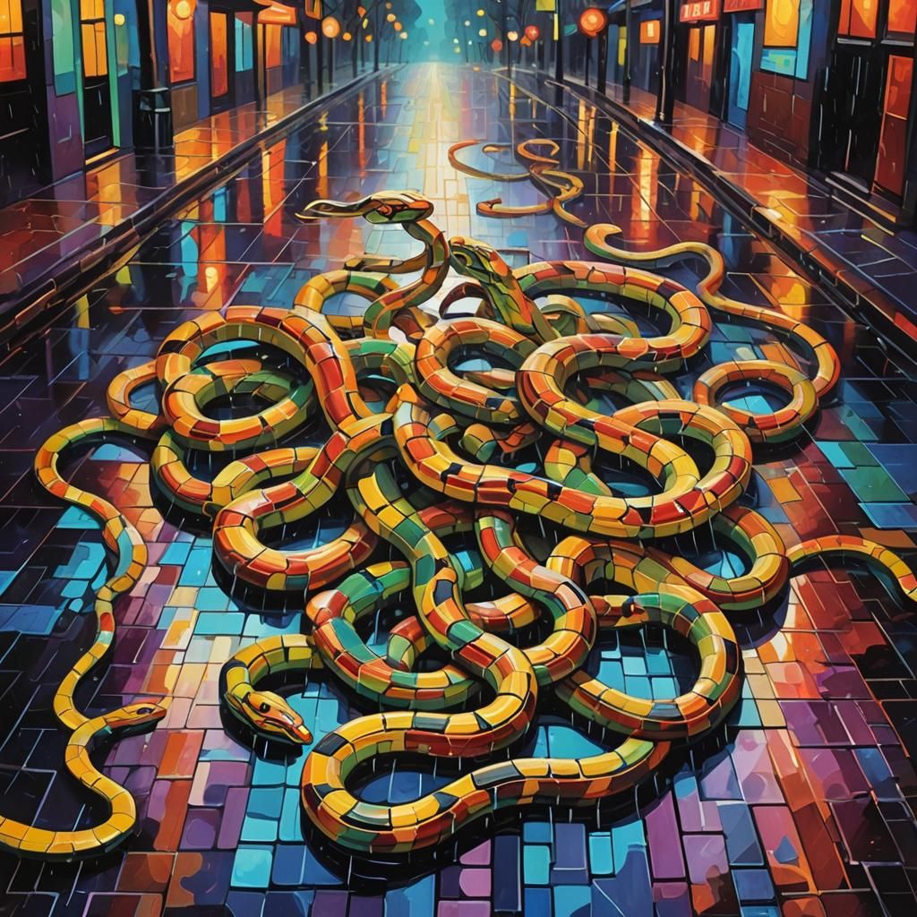 Snakes in Rainy Cubist Geometric Fauvism