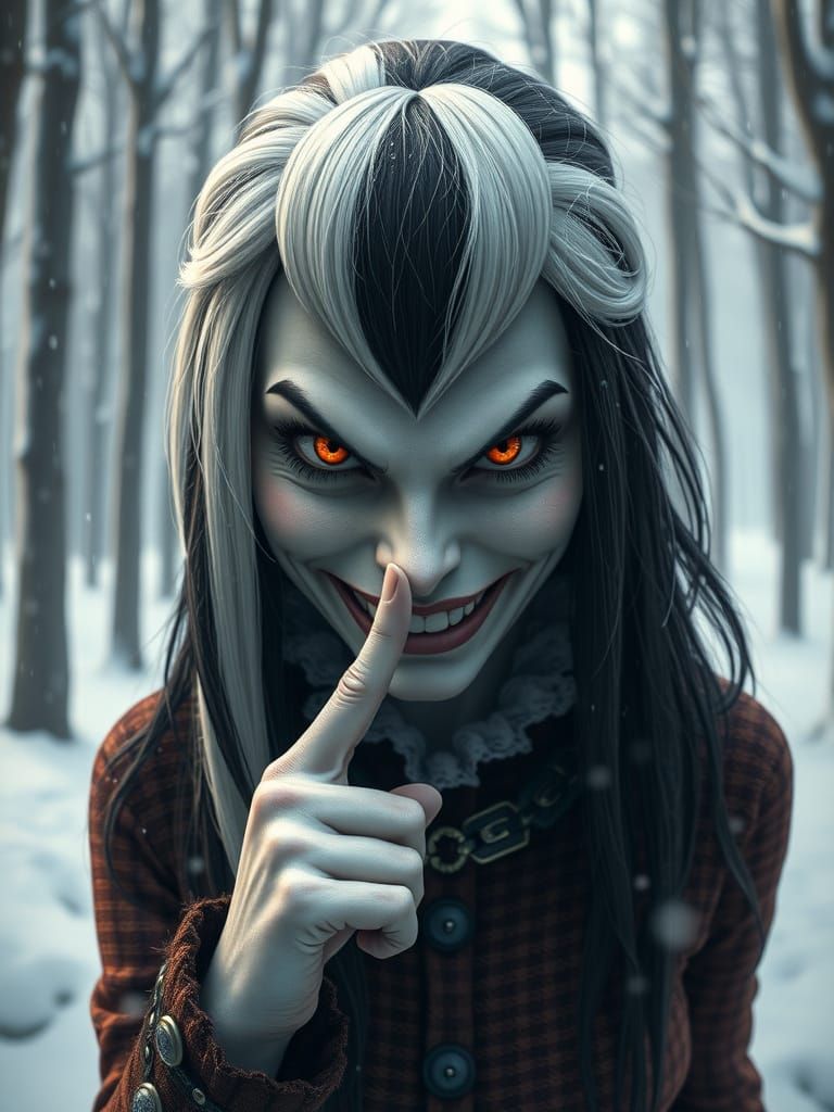 Cruella's Intense Gaze in Snowy Forest