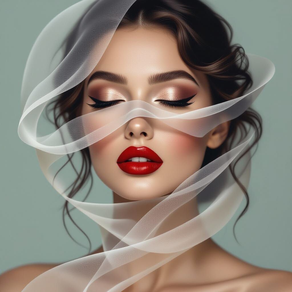 Ethereal Woman Portrait with Flowing Fabric and Red Lips