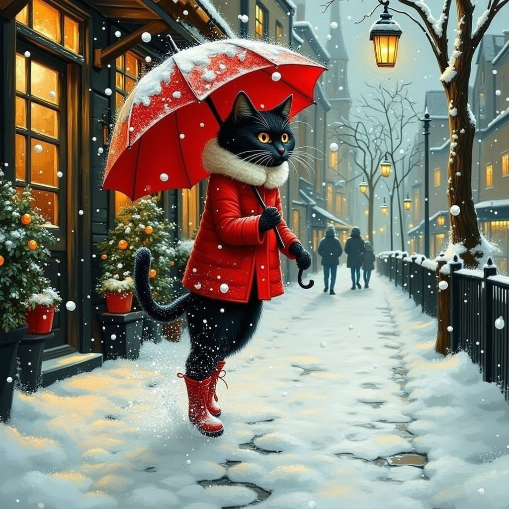 Whimsical Post-Impressionist Cat in Winter Wonderland