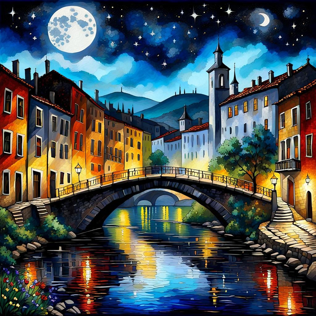 Balkan Bridge in Stained Glass Mosaic Style