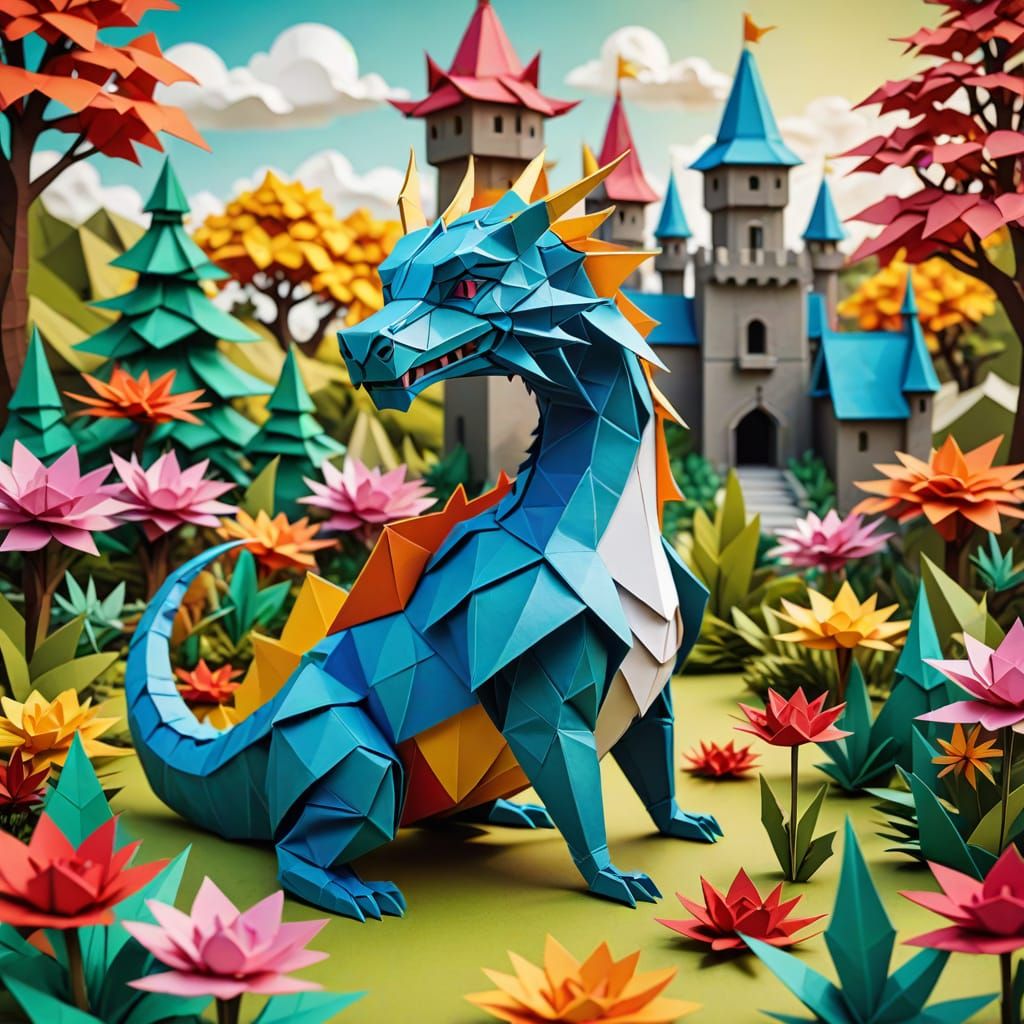 Origami Castle Garden with Dragon King and Queen