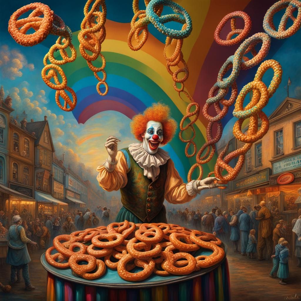 Clown Juggling Rainbow Pretzels at Fairground