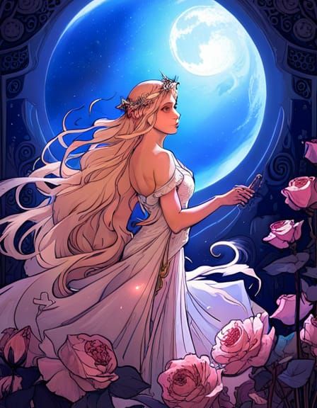 Elf Cultivating Sparkling Roses in Moonlight