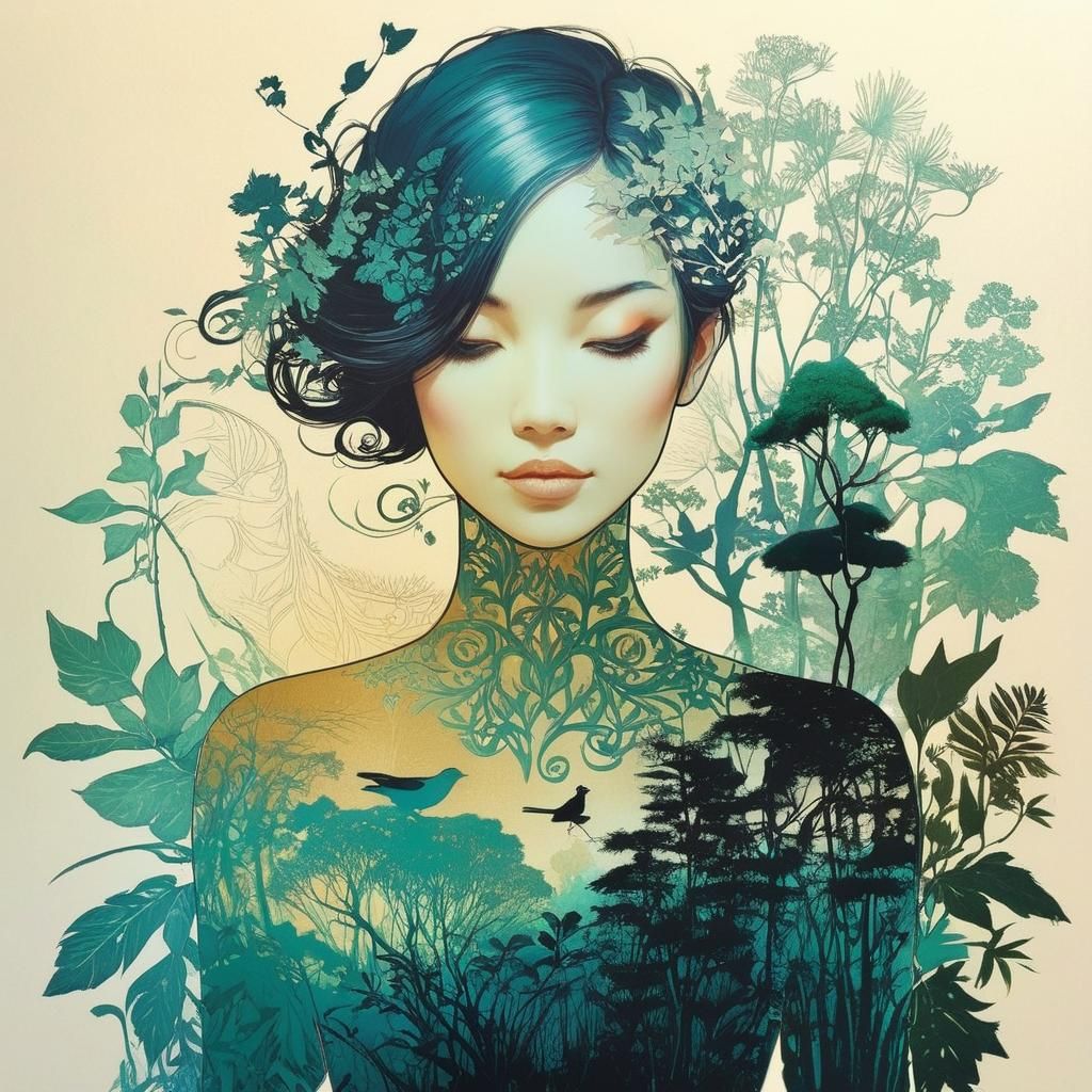 Detailed Double Exposure: Nature and Fairy Silhouette