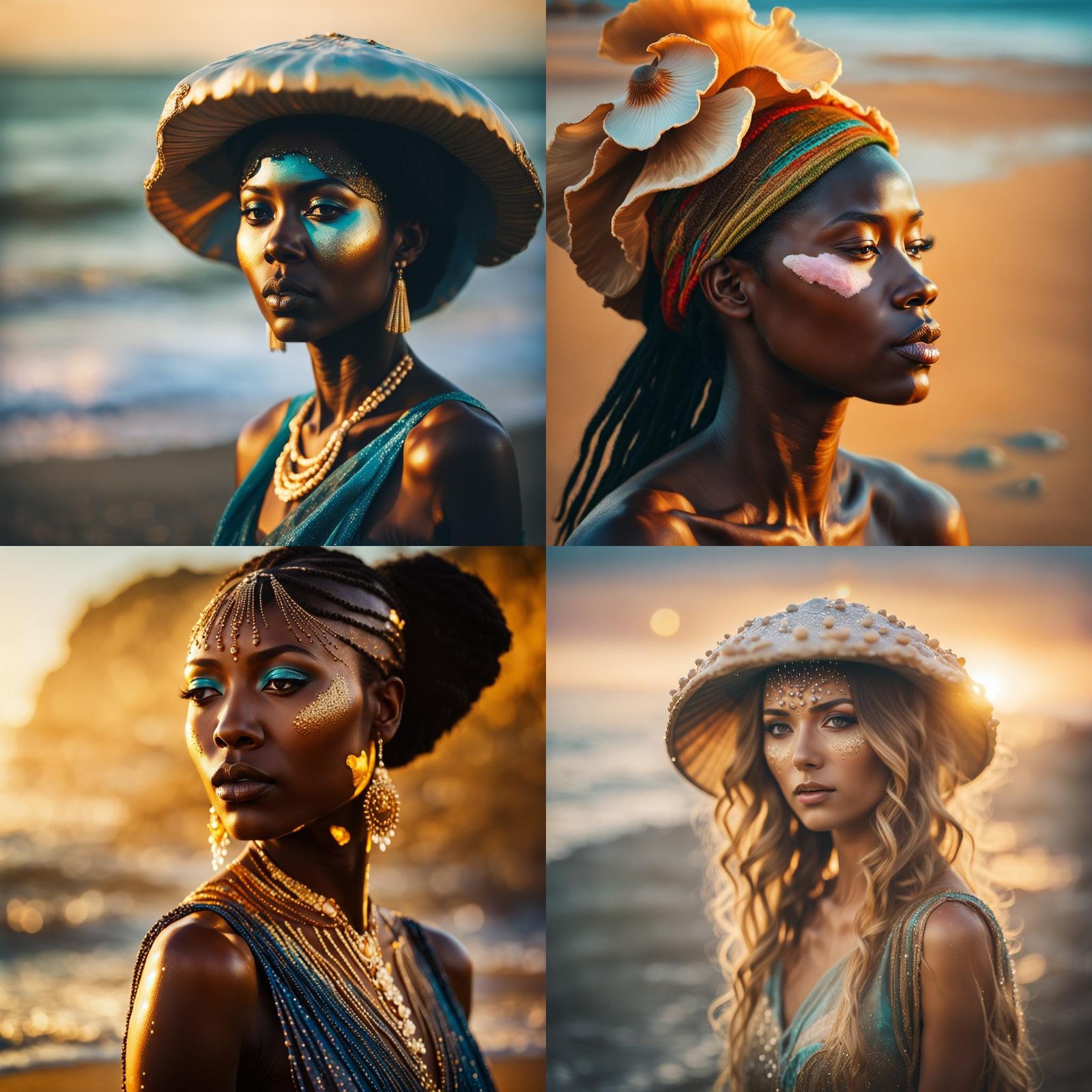 Elegant Woman in Mushroom Hat on Mystical Beach