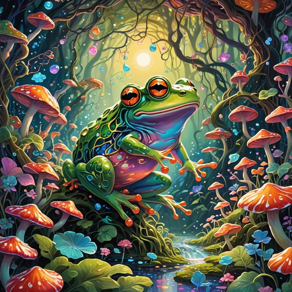 Luminescent Frog Leaping in Ethereal Fantasy Wonderland