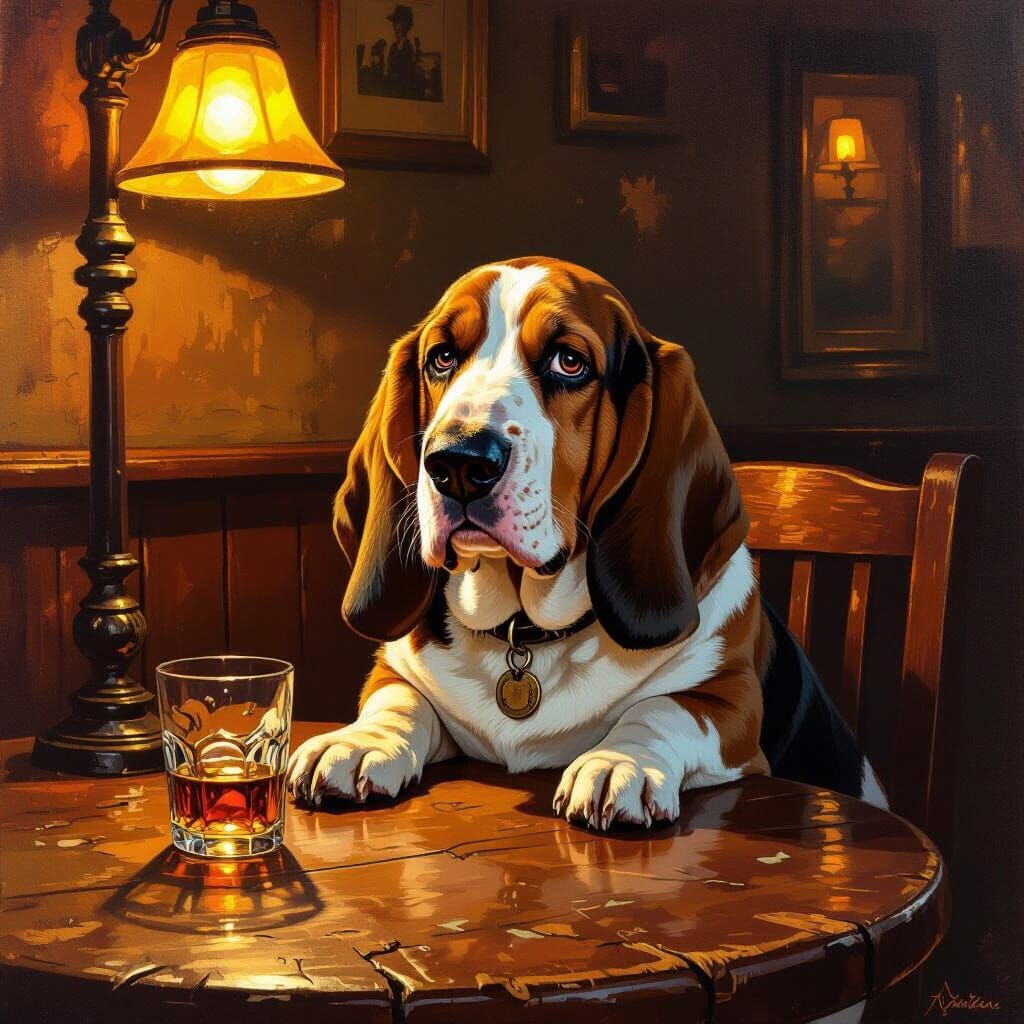 Drunk Basset Hound Relaxing in Cozy Pub