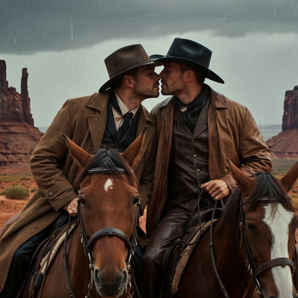 Gay Cowboys Kissing in Rainy Monument Valley