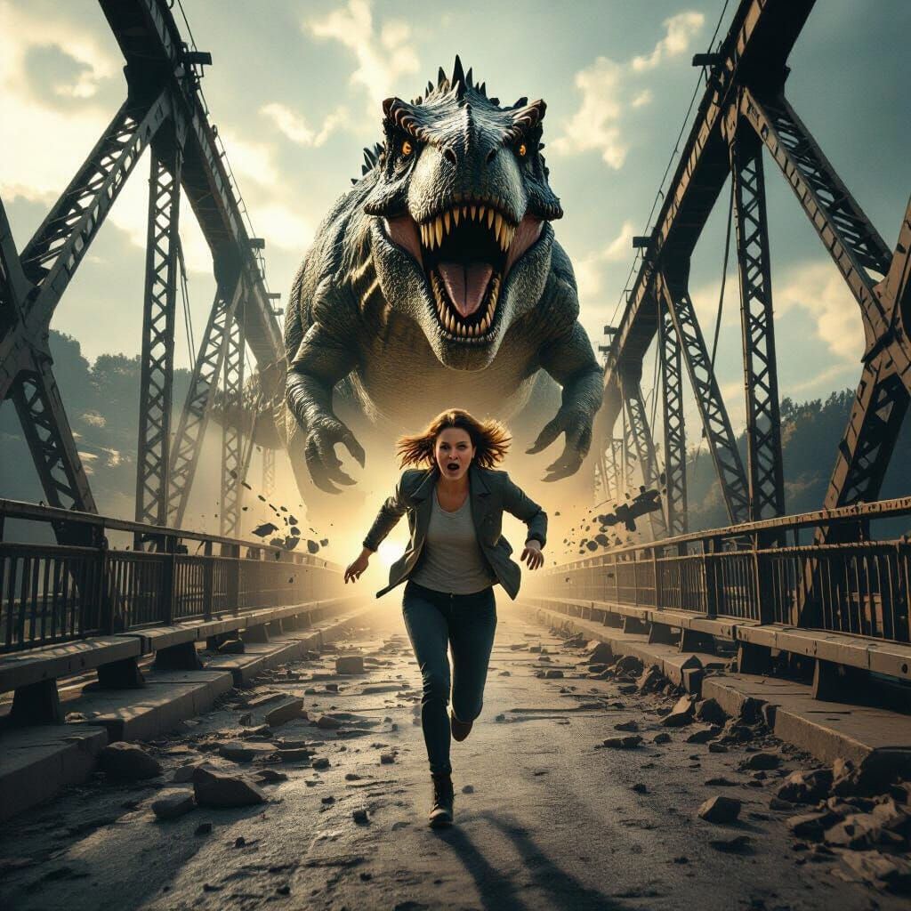 Dinosaur Bridge Chase in Cinematic Style