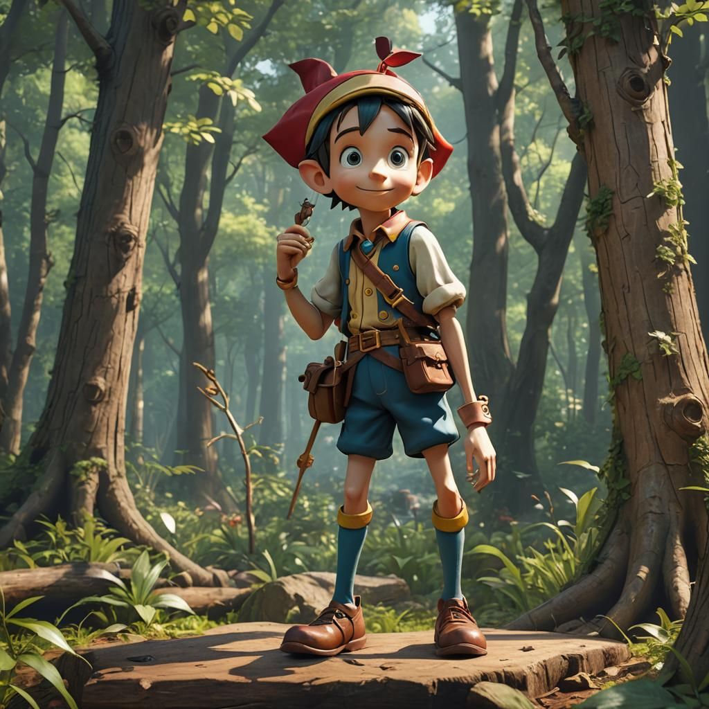 Pinocchio Statue in Forest: 3D Anime Art