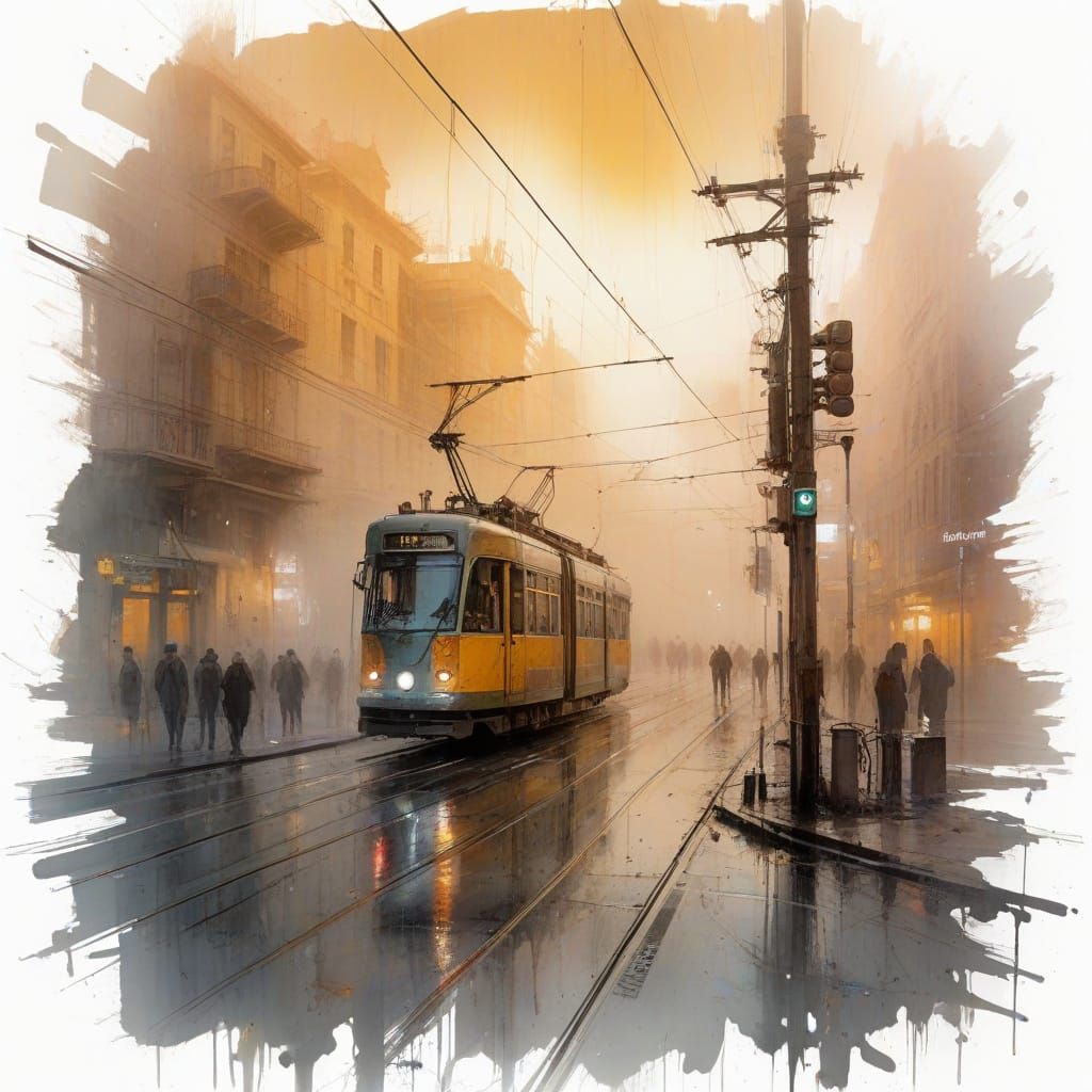 Tram Slices Through Foggy Rain Shadows