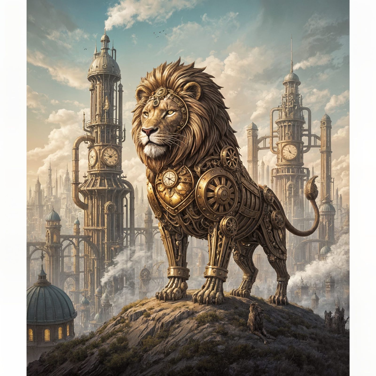 Clockwork Lion Over Steampunk City, Steampunk Fantasy Art