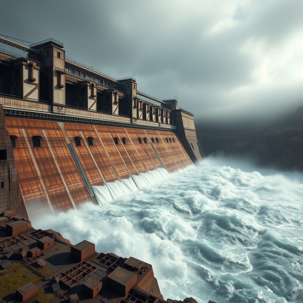 Industrial Dam with Majestic Spillway in Dramatic Landscape