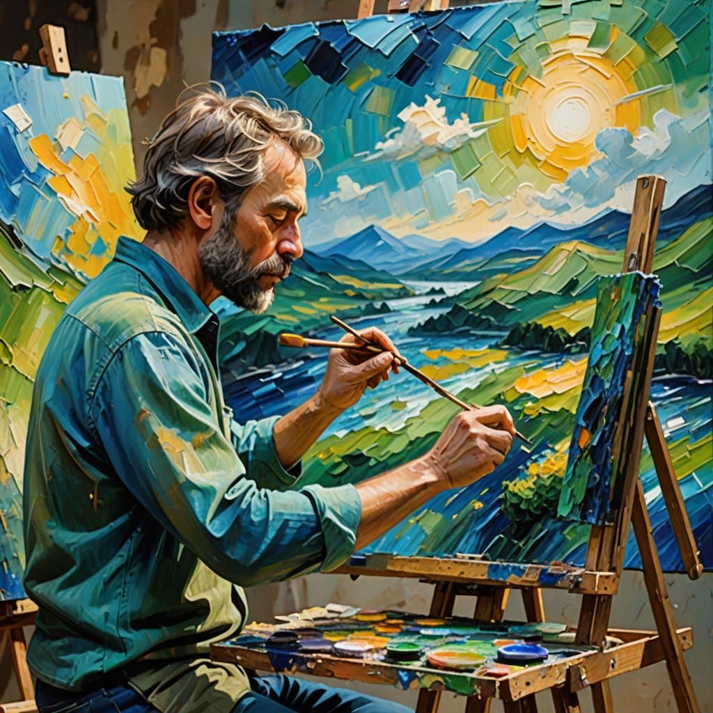 Impressionist Painting of Man Painting the Earth