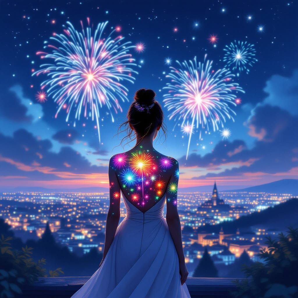 Woman with Firework Tattoos Overlooking Dreamlike Town