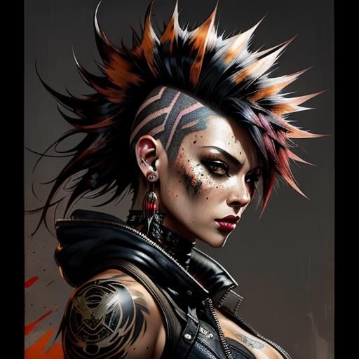 Punk Girl Portrait with Mohawk in Gouache Style
