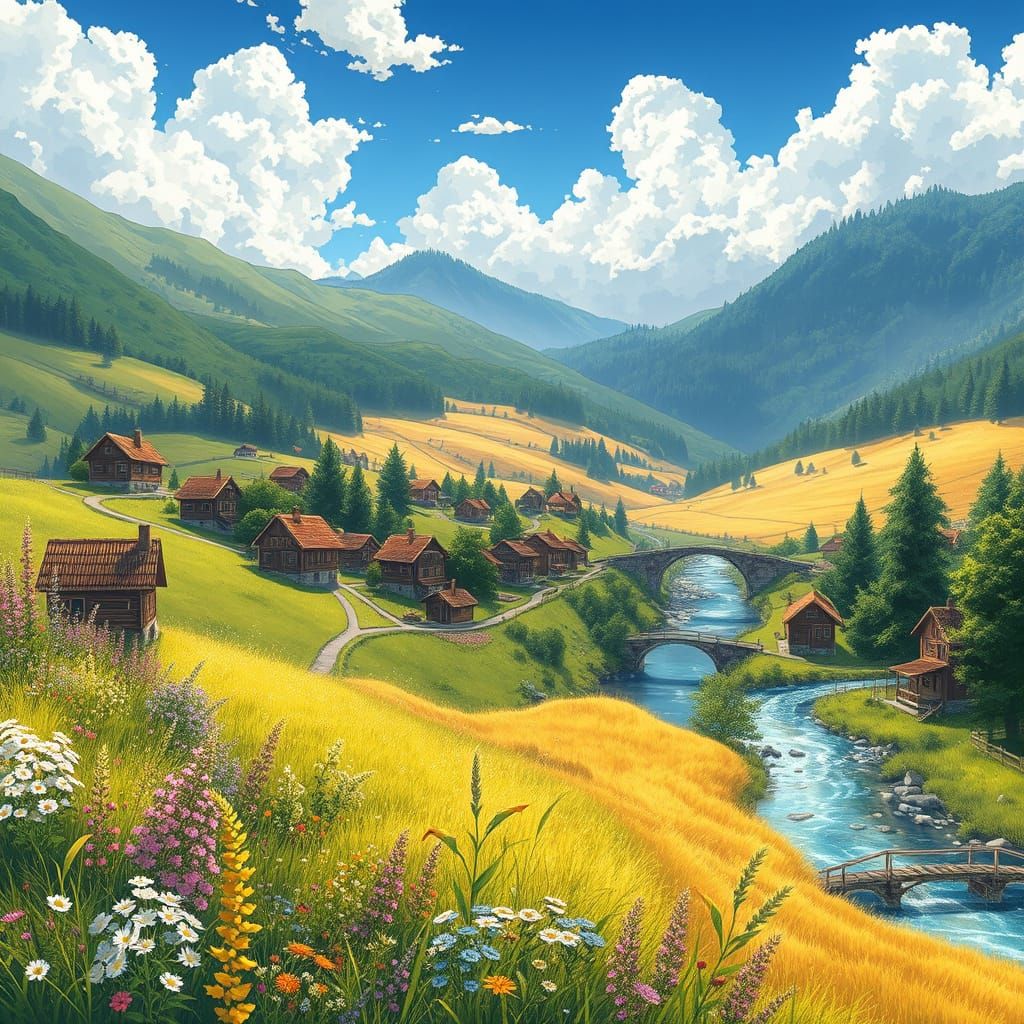 Anime Village Scene in a Lush Valley with Rolling Hills and ...