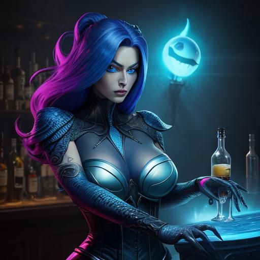Voluptuous Alien Robot Bartender in Hyperrealistic Style