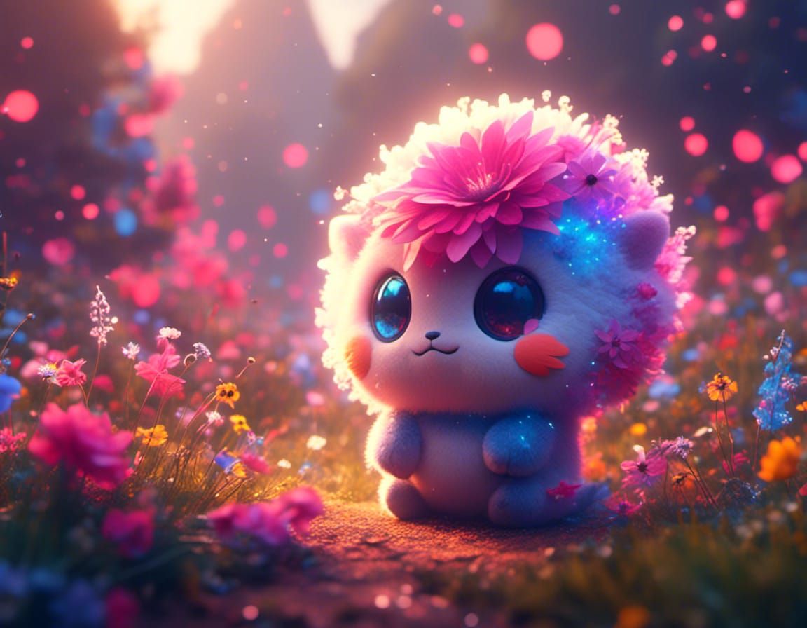 Cosmic Pokemon Creature with Flowers, Digital Art