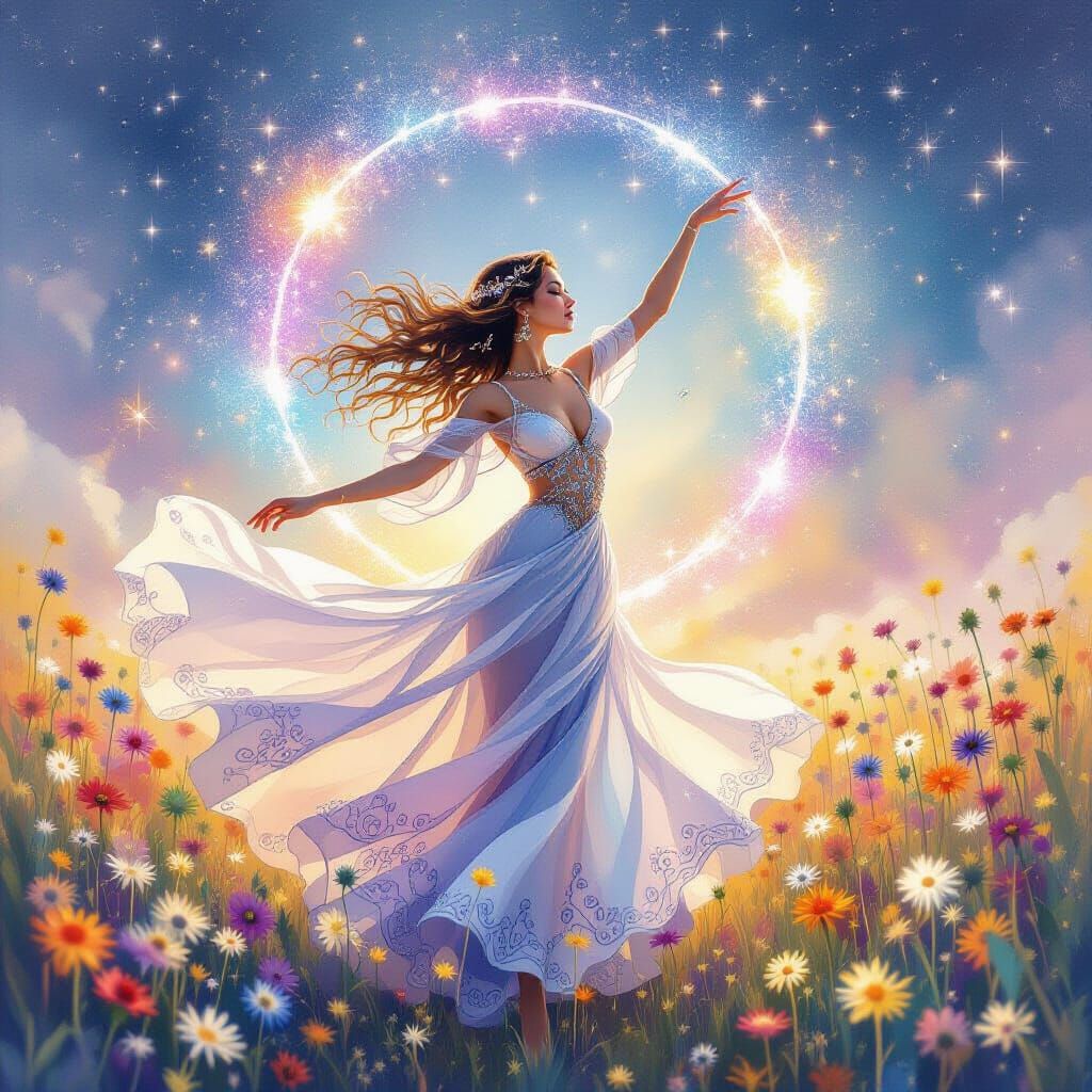 Dancer in Dandelions: Digital Watercolor Art
