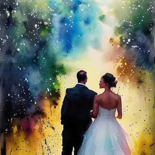 Silhouetted Couple in Watercolor with Gold Glitter