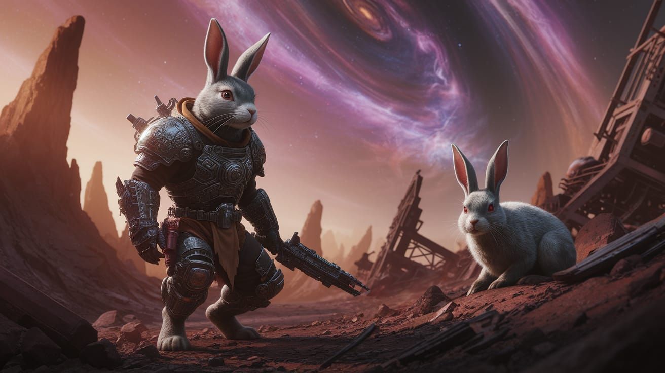 Cybernetic Rabbit Warrior in Alien Landscape