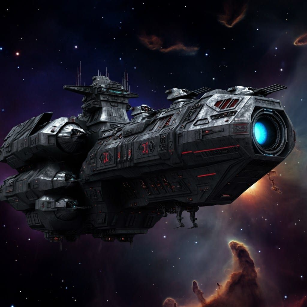 Colossal Space Warship in Gritty Industrial Futurism