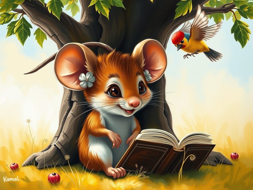 Cute Mouse Reading Under Tree, Oil Painting Style