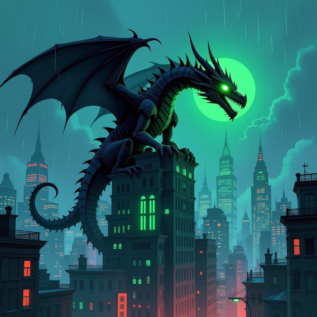 Paper Dragon Over Neon Cityscape