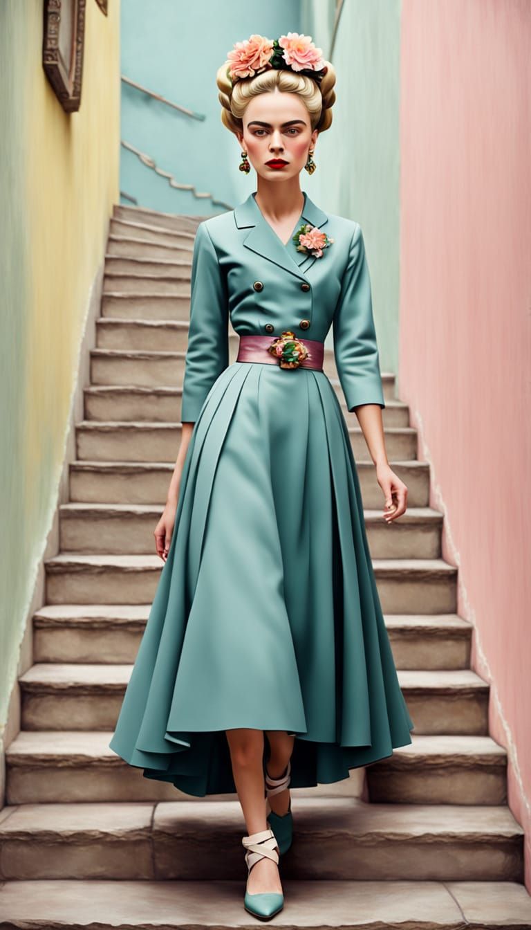 Mid-Century Woman in Dior Inspired by Kahlo