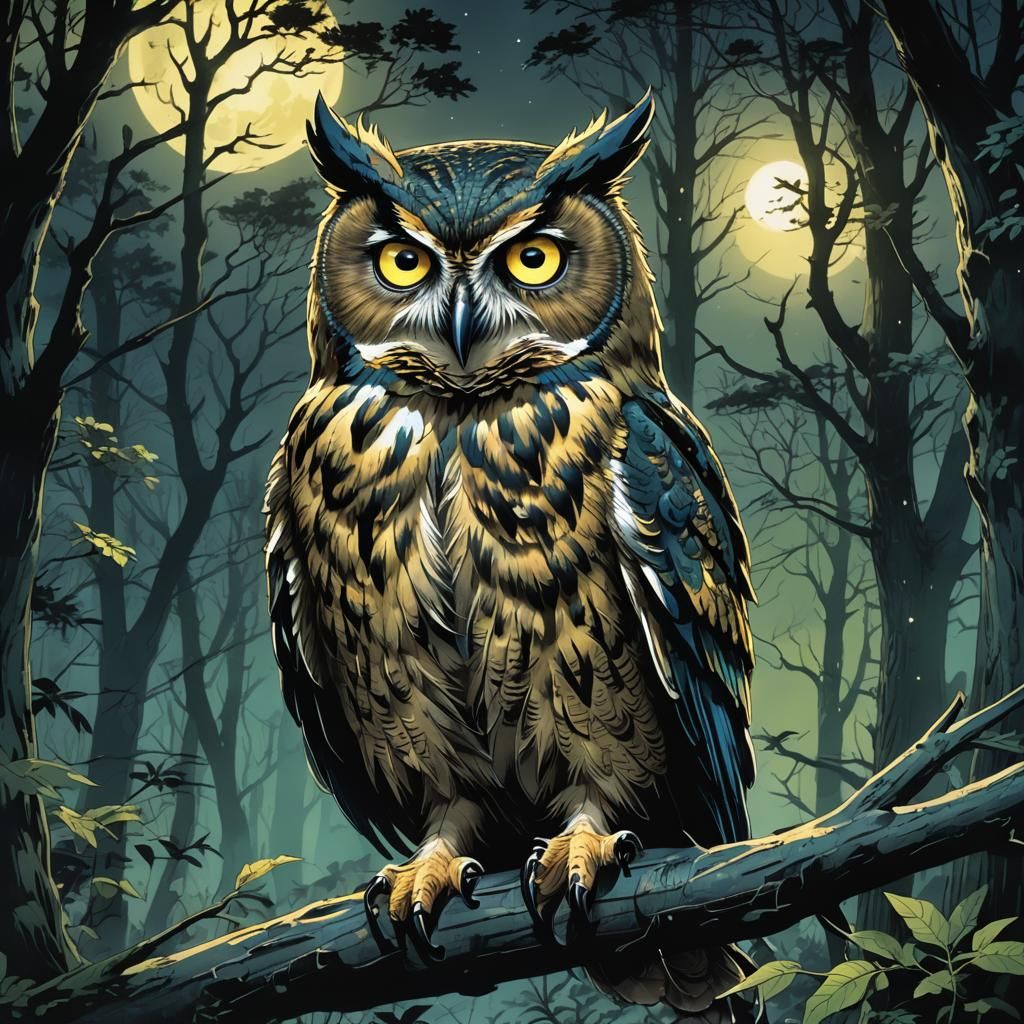 Ominous Owl Eyes in Misty Forest, Anime Style