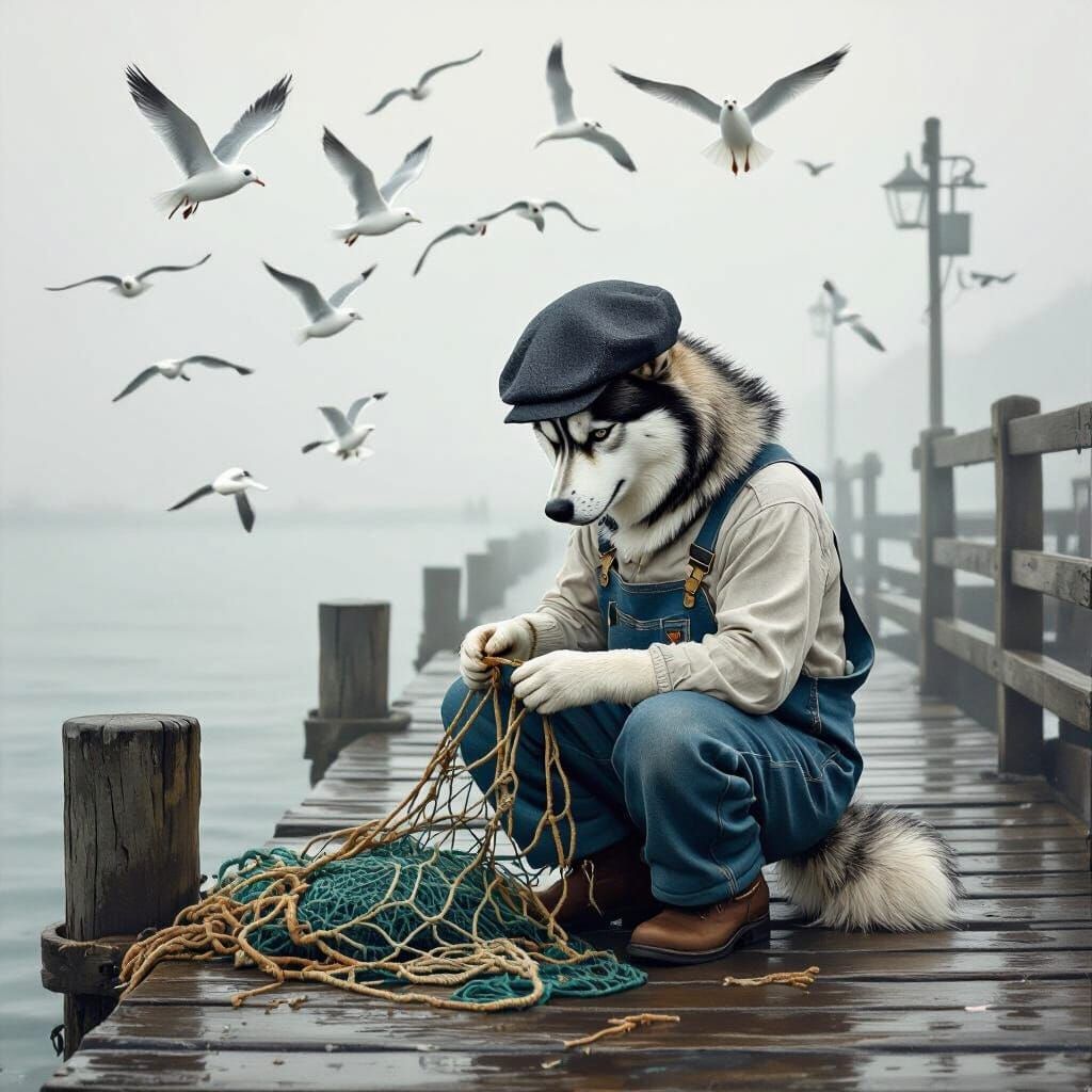 Husky Mends Nets on Foggy Pier in Nostalgic Illustration Sty...