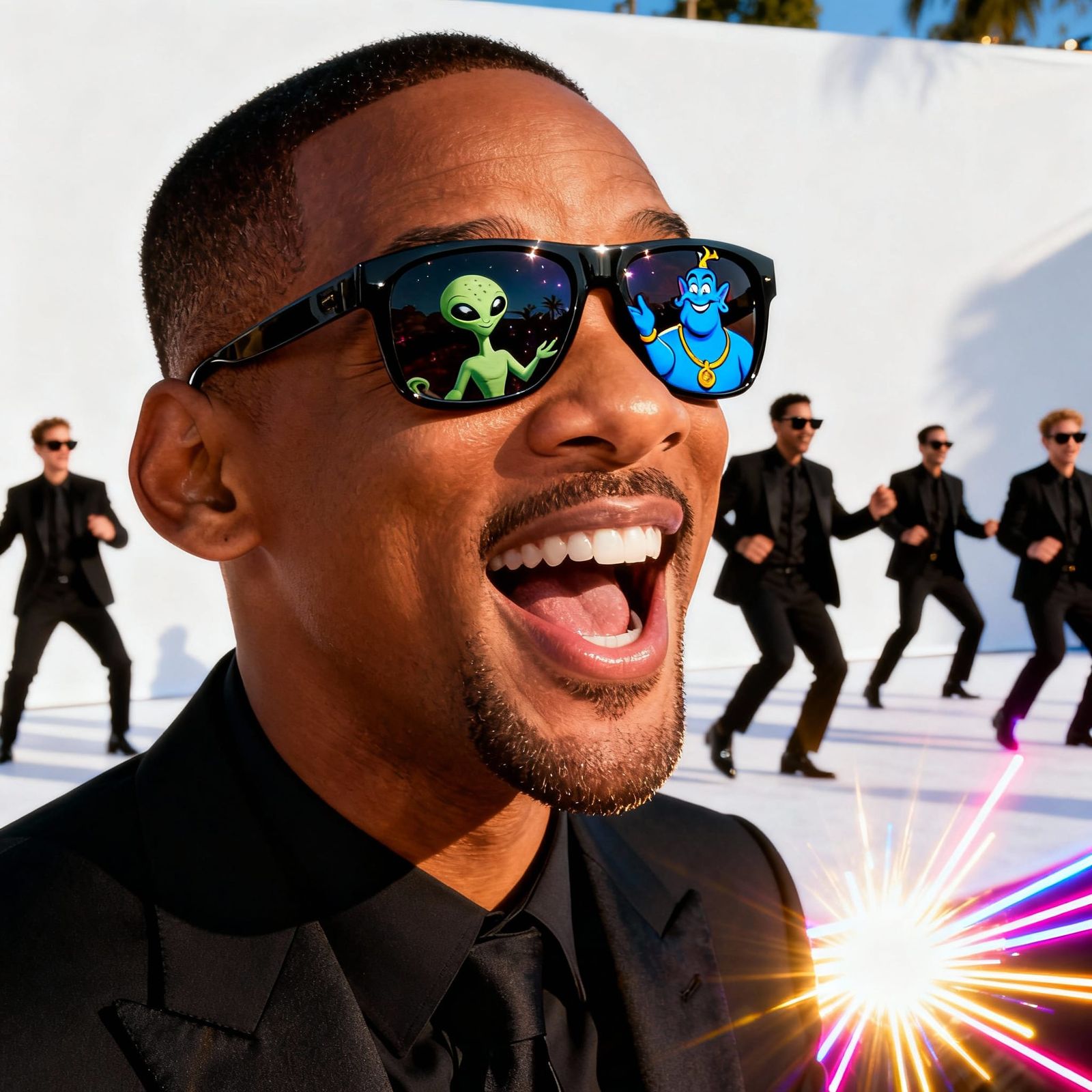 Will Smith Singing in Black Suit with Alien Sunglasses