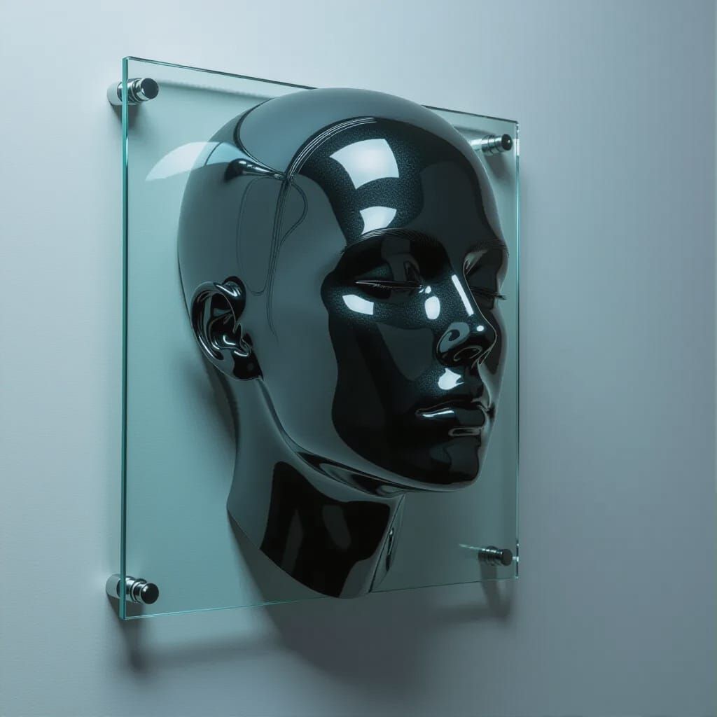 Hyperrealistic Head in Glass Mounted on Wall
