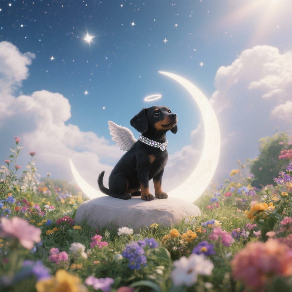 Heavenly Dog with Angel Wings on Crescent Moon