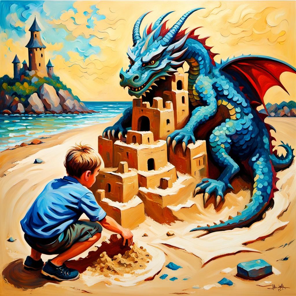 Little boy paying sand, castle dragon
