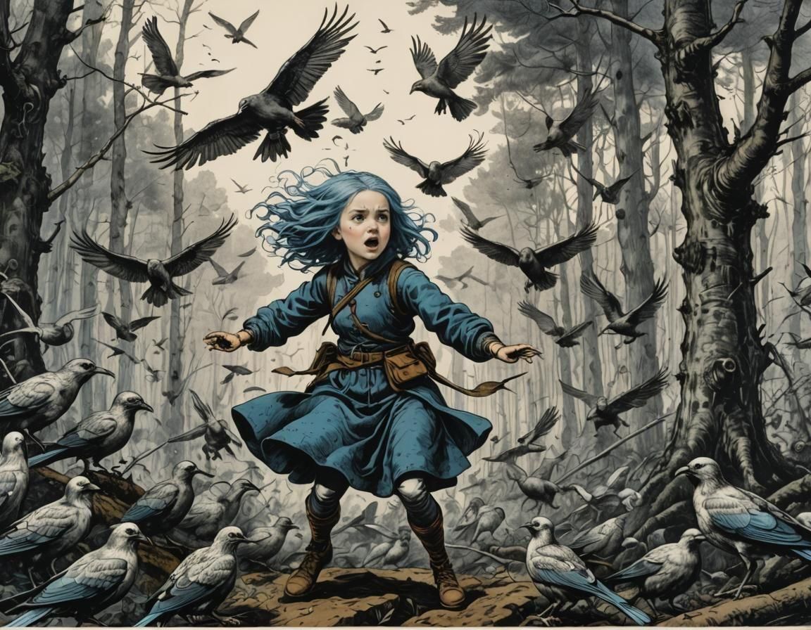 Girl Defends Herself From Birds, Dürer-Style Engraving