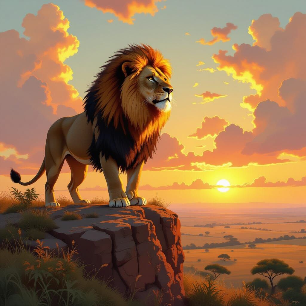 Fiery Lion Overlooking Savannah in Dramatic Digital Art